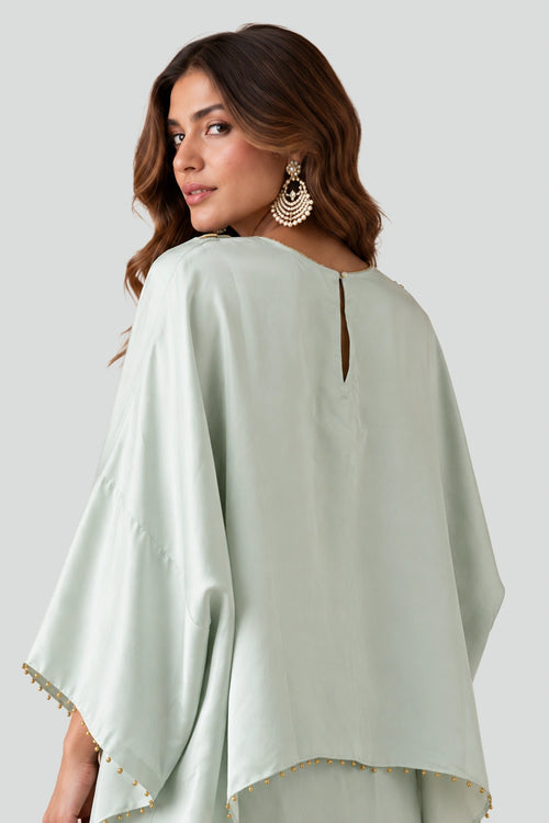 Powder Blue Satin Embroidered Yoke Top And Lungi Skirt