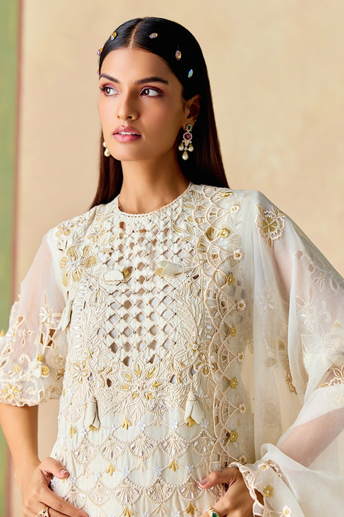 Ivory and Gold Cutwork Kurta and Flared Pants with Dupatta