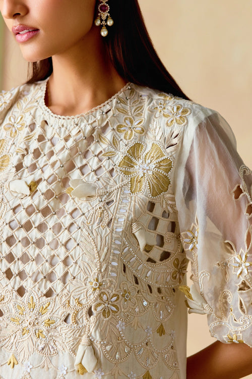 Ivory and Gold Cutwork Kurta with Flared Pants