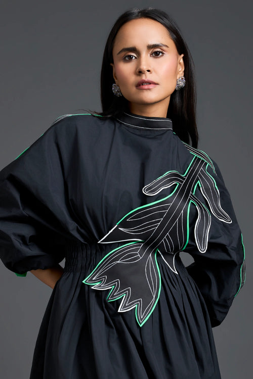 Black Neon Patch Gathered Dress