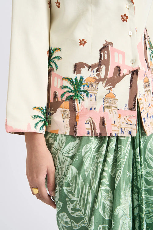 Ivory Cityscape Blazer And Skirt Set