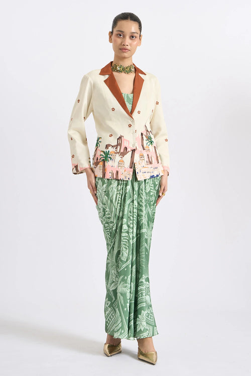 Ivory Cityscape Blazer And Skirt Set