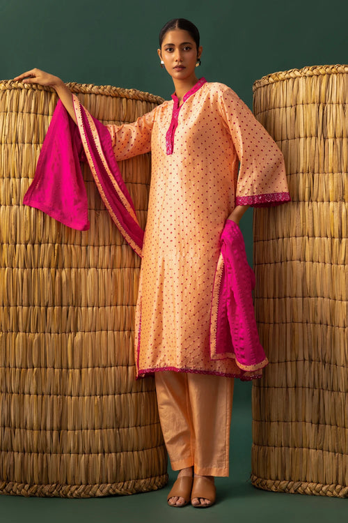 Peach Bandhani Mirror Work Suit Set