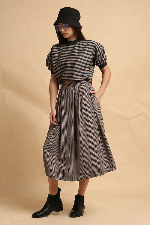 Gray Med Striped New Sphara Crop Top And Skirt Co-ord Set