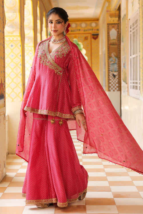 Ahista Pink Printed Angrakha Sharara Set