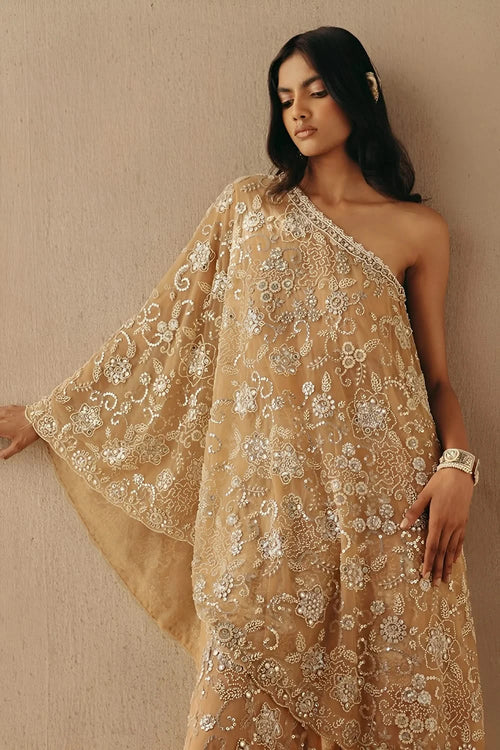 Peach Mirrorwork One Shoulder Dress Jacket
