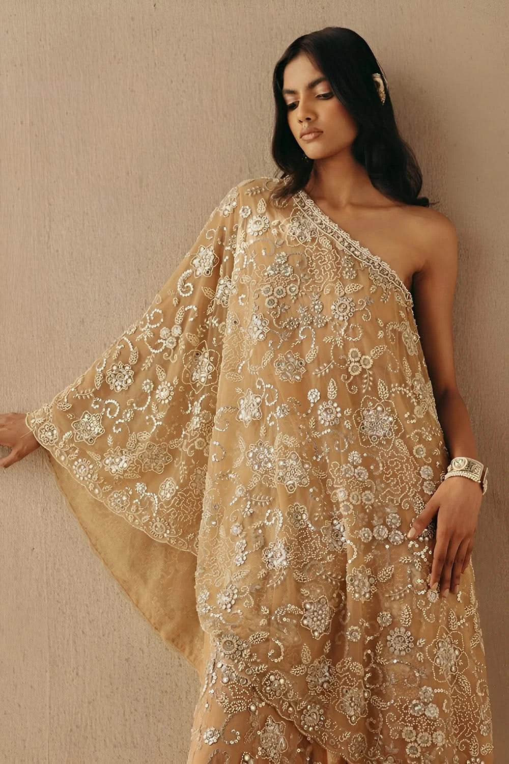 one shoulder dress with jacket Oneshoulder Dress With Organza Jacket & Detachable Pearl Neck