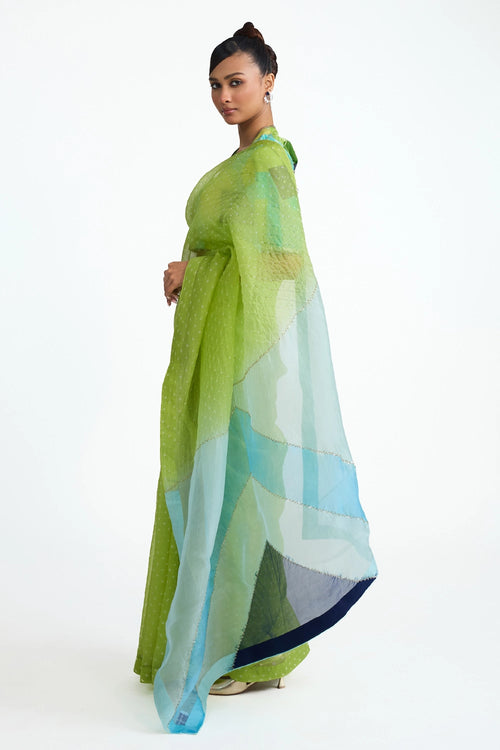 Lime Green Organza Bandhani Saree with Boro Blouse