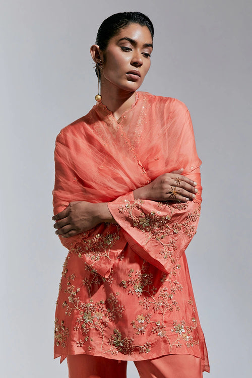 Vermilion Floral Embroidered Organza Dupatta
