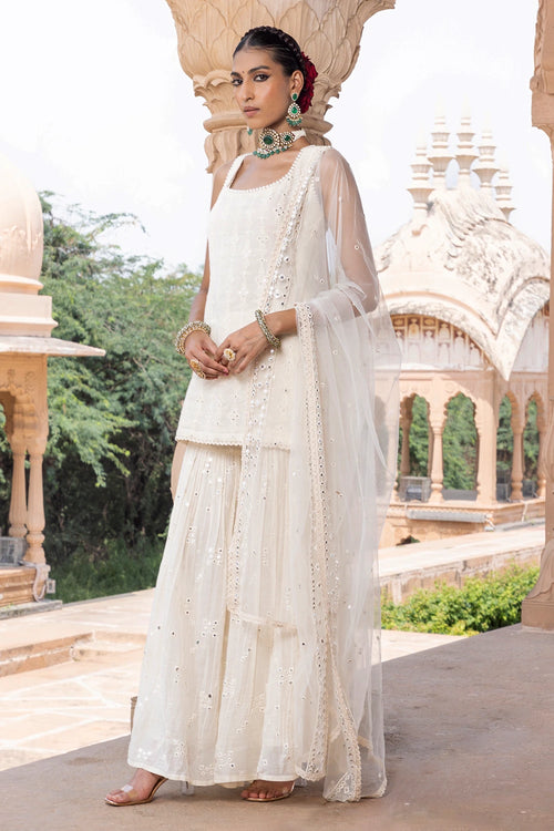 Off White SK-BK all-over Embroidered Sharara with Dupatta