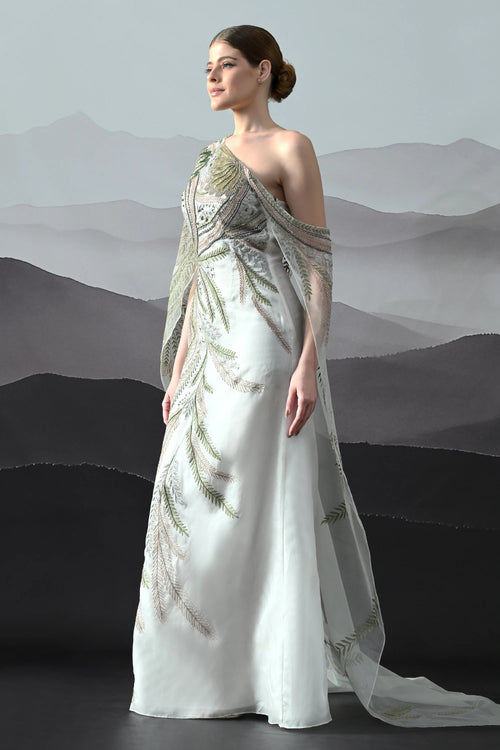Ivory One-Shoulder Gown With Hand-Embroidered Motifs