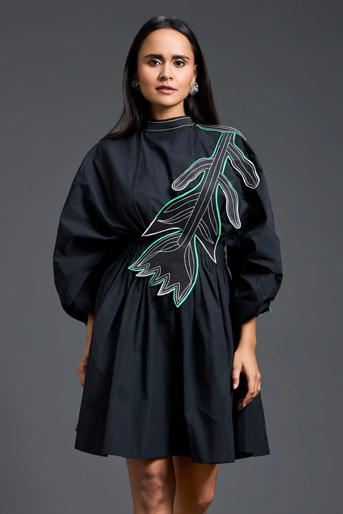 Black Neon Patch Gathered Dress