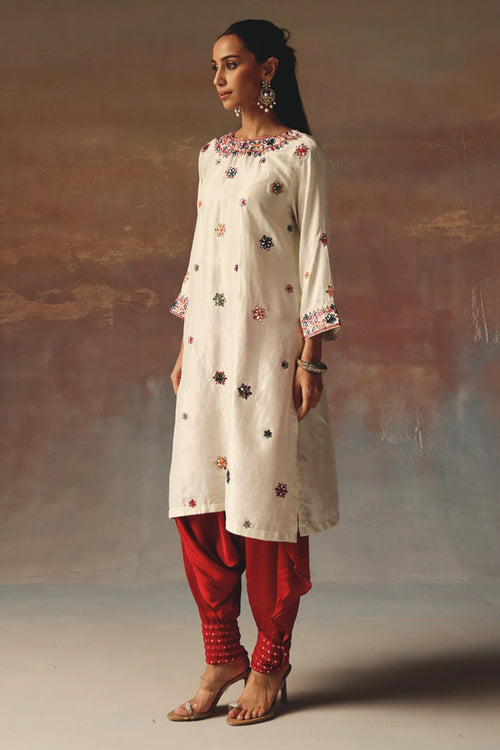 Ivory Monga Silk Kurta with Red Thai Mirror Work Dhotis