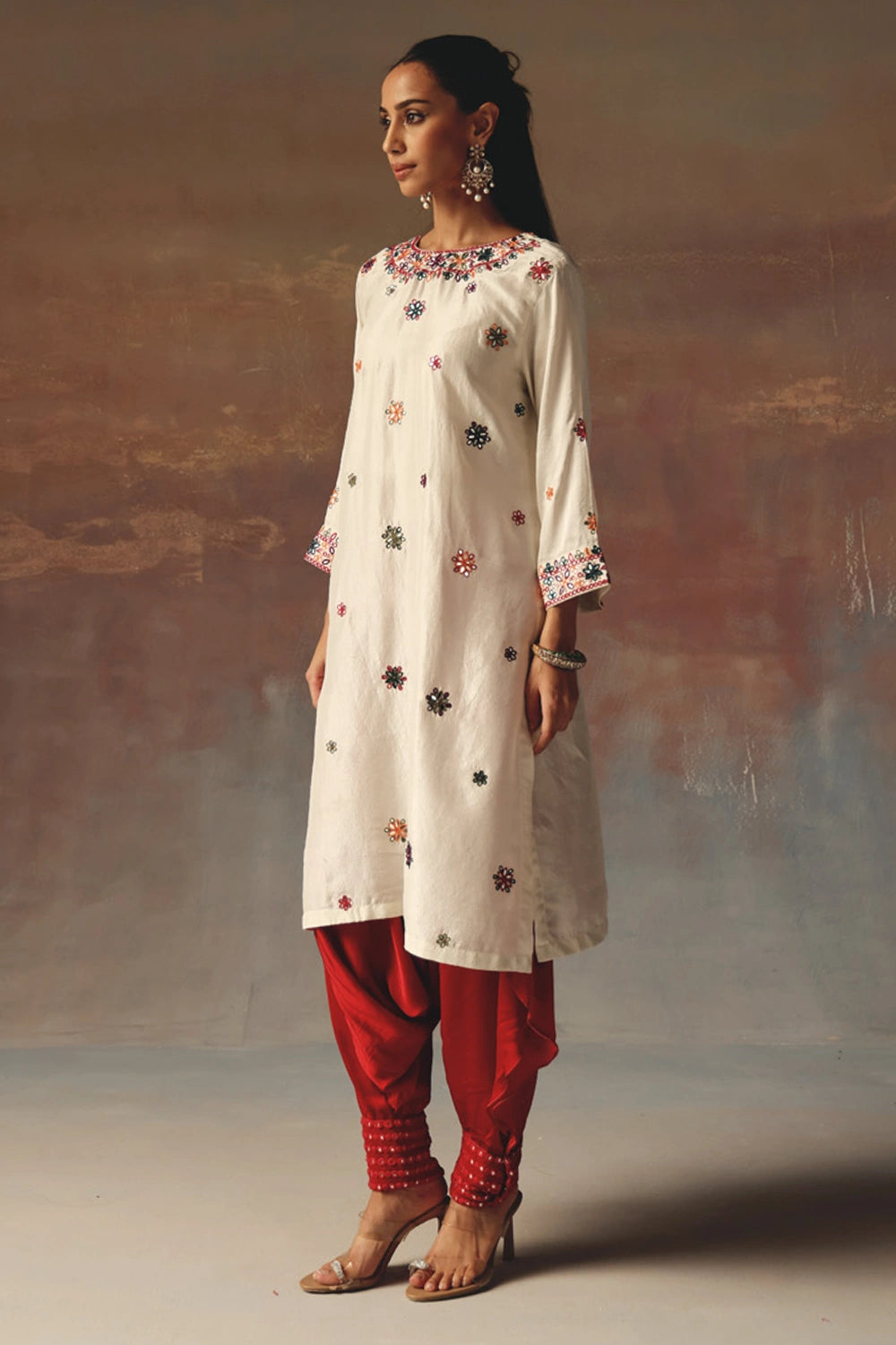 Ivory Monga Silk Kurta with Red Thai Mirror Work Dhotis