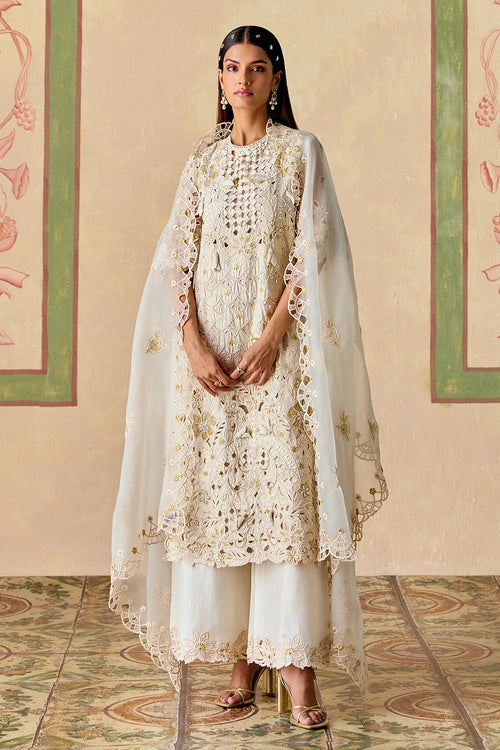 Ivory and Gold Cutwork Kurta and Flared Pants with Dupatta