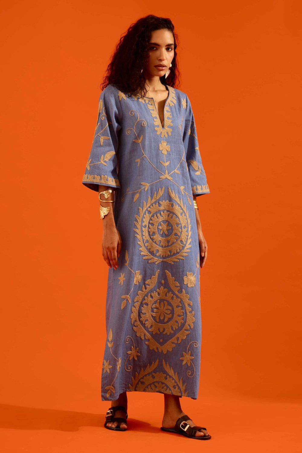 Denim Blue Natural Wave Thread Embroidered Maxi Dress