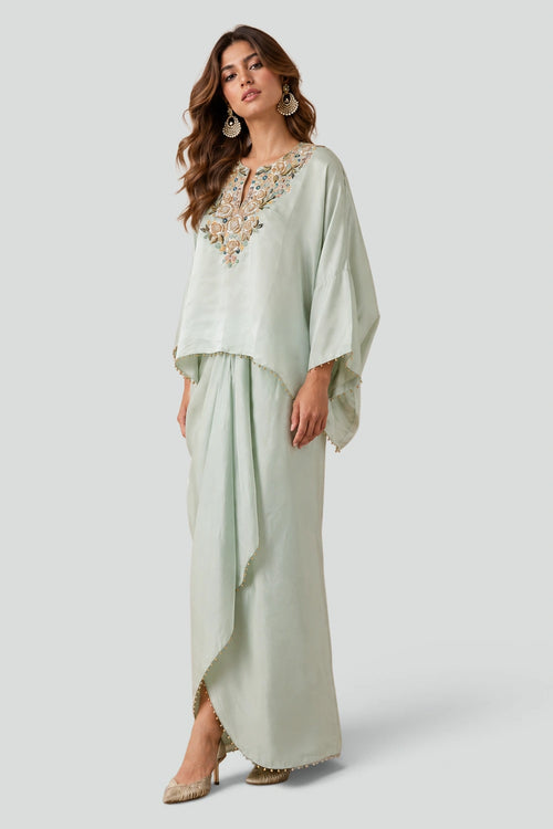 Powder Blue Satin Embroidered Yoke Top And Lungi Skirt