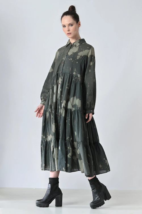 Forest Green Printed Tiered Shirt Dress