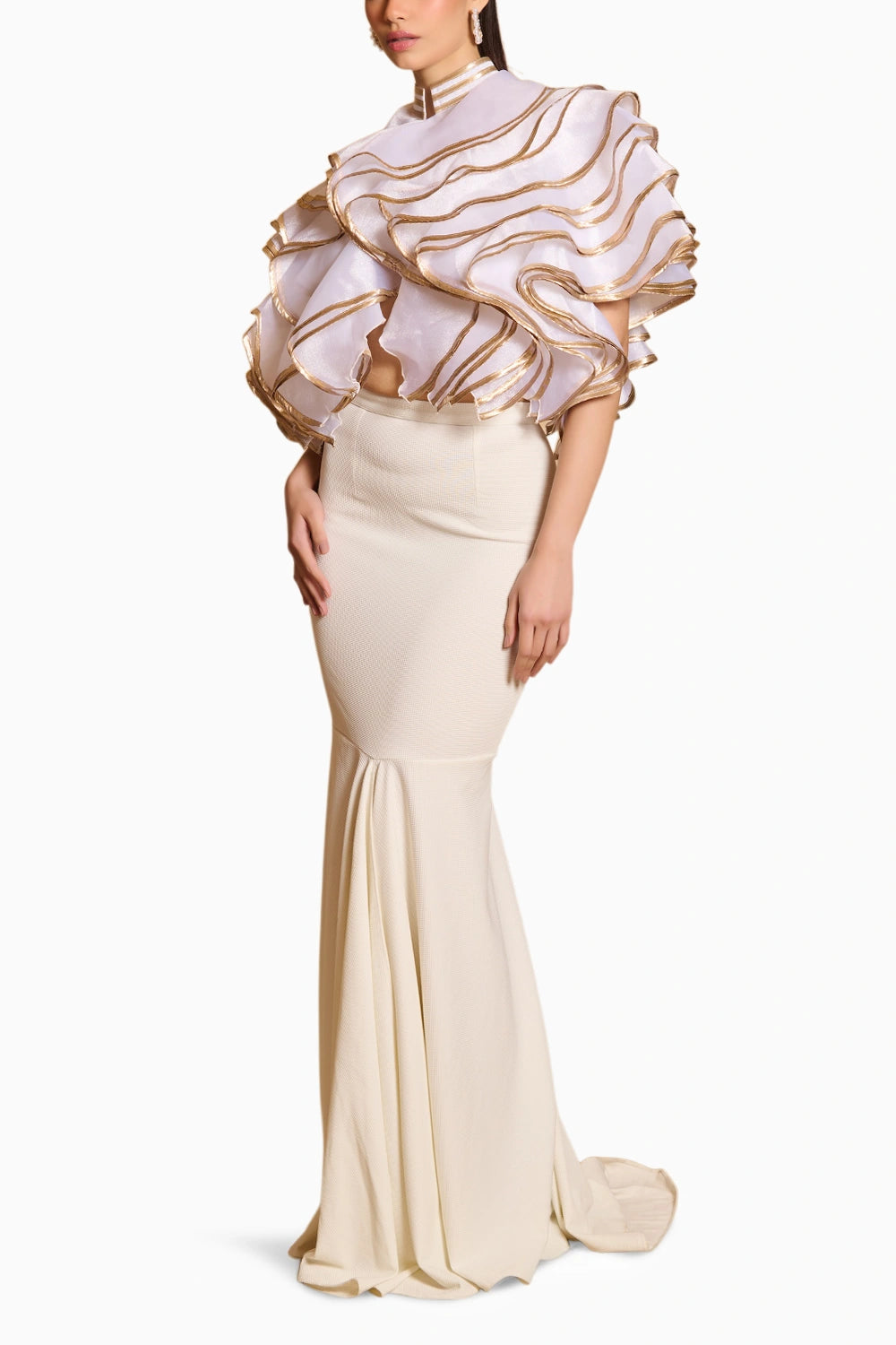 Spectrum Ivory-Gold Cascade Crop Jacket With Fishtail Skirt