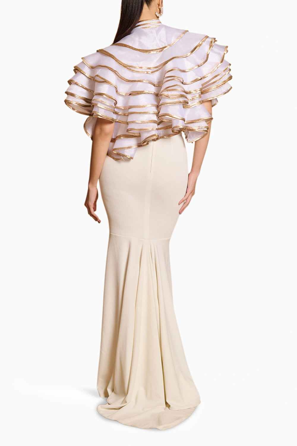 Spectrum Ivory-Gold Cascade Crop Jacket With Fishtail Skirt