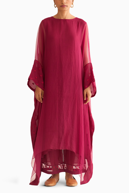 Crimson Pink Organza Embroidered Kaftan Set