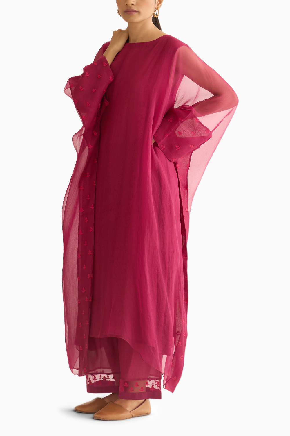 Crimson Pink Organza Embroidered Kaftan Set