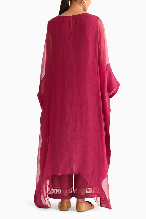 Crimson Pink Organza Embroidered Kaftan Set
