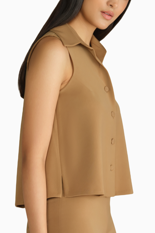 Camel Stretch Suiting Sleeveless Top