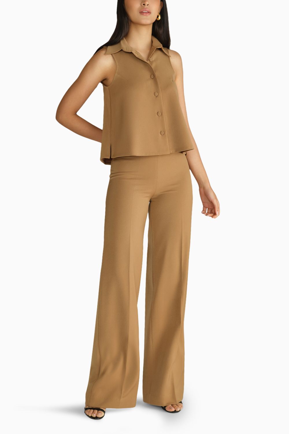 Camel Stretch Suiting Sleeveless Top