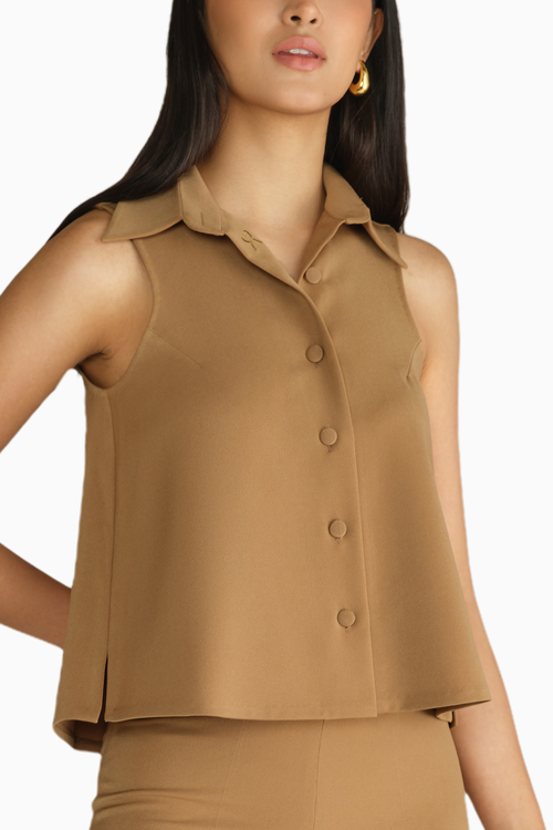 Camel Stretch Suiting Sleeveless Top