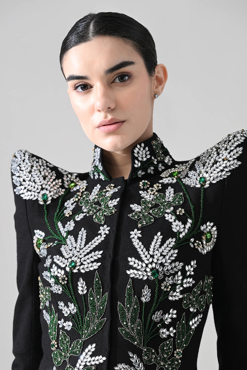 Black Botanical Embroidered Jacket With Tiered Tulle Skirt