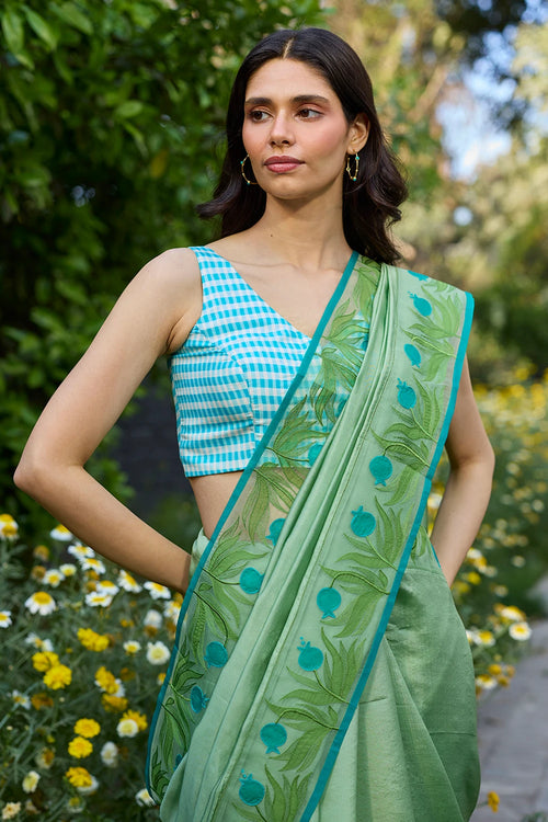Pomegranate Trail Green Embroidered Saree With Blouse