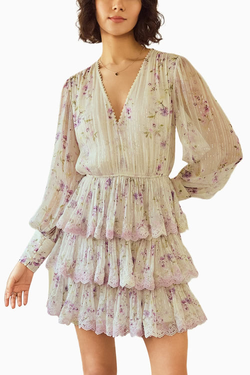 Lilac Cherry Blossom Tiered Mini Dress