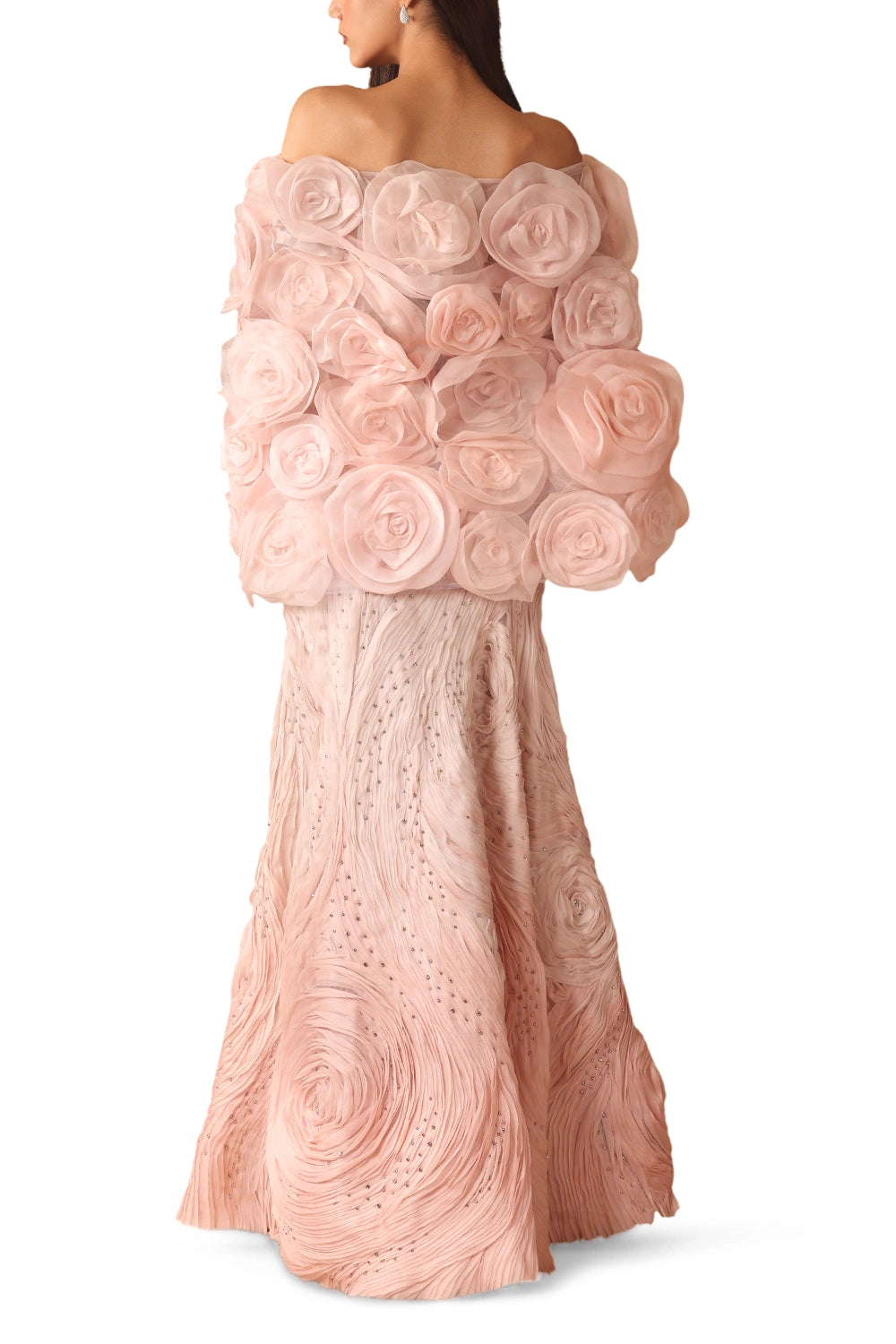 Ombre Textured Gown With 3D Flower Cape