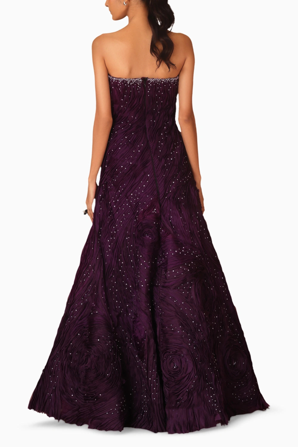 Purple Ombre Textured Gown With 3D Flower Cape