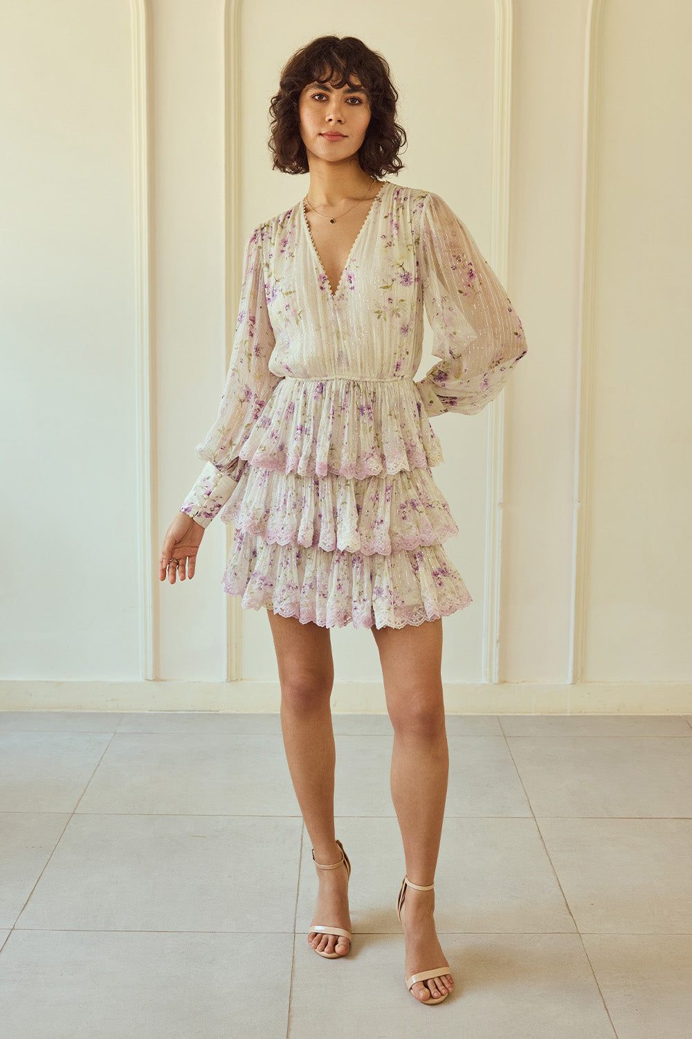 Lilac Cherry Blossom Tiered Mini Dress