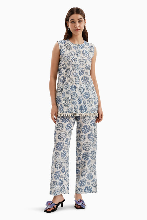 Cotton White Blue Sea Shells Jacket and Pants