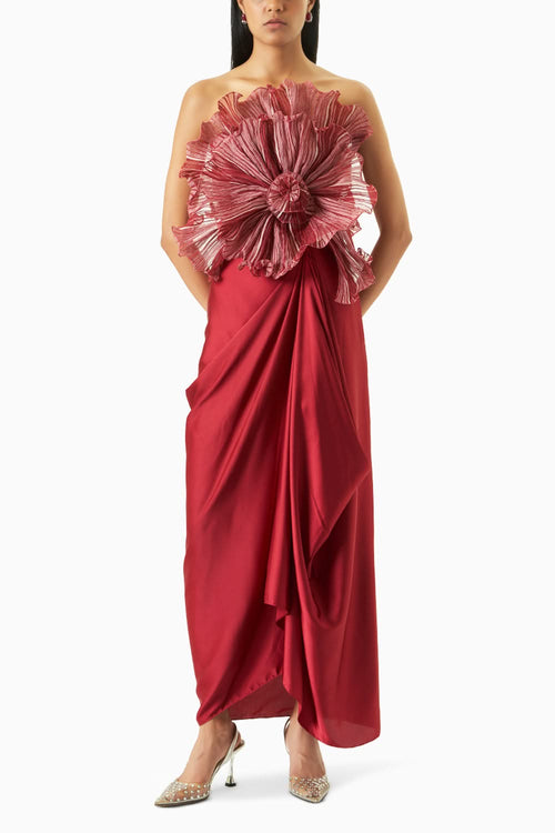 Camellia Red Top With Drape Skirt