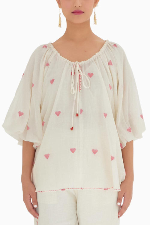 Cream Heart Jamdani Raglan Top
