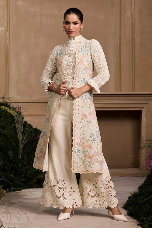 Ivory Pastel Floral Quilted Long Jacket