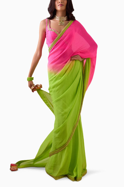 Ombre Pink-Green Silk Chiffon Saree