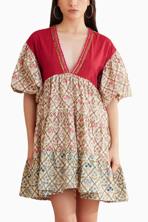 Red Bespoke Hand Embroidered Tier Dress