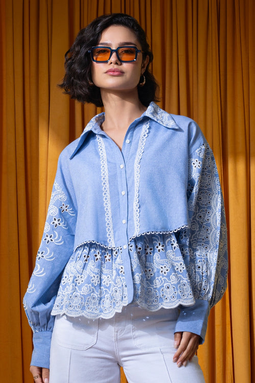 Chambrey Blue Broderie Anglais Blouse