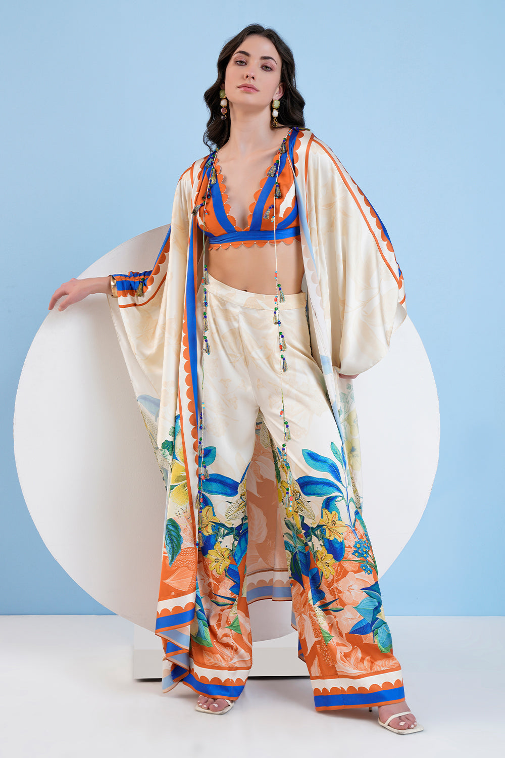 Vivid Floral Printed Cape, Pants And Bustier With Scallop Neckline