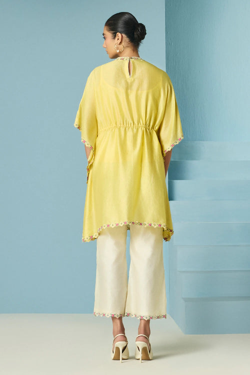 Butter Yellow Embroidered Kaftan With Pants