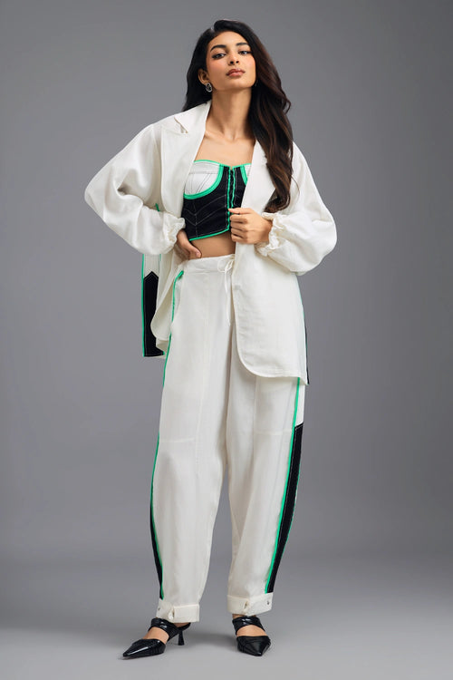 White Tailored Pants with Neon Contrast Side Stripe