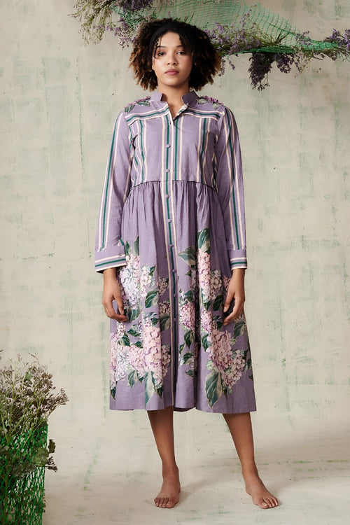 Lilac Hydrangea Mandarin Collar Dress