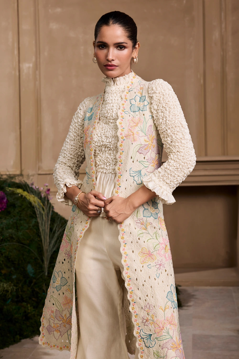 Ivory Smocked Top And Quilted Jacket With Pant