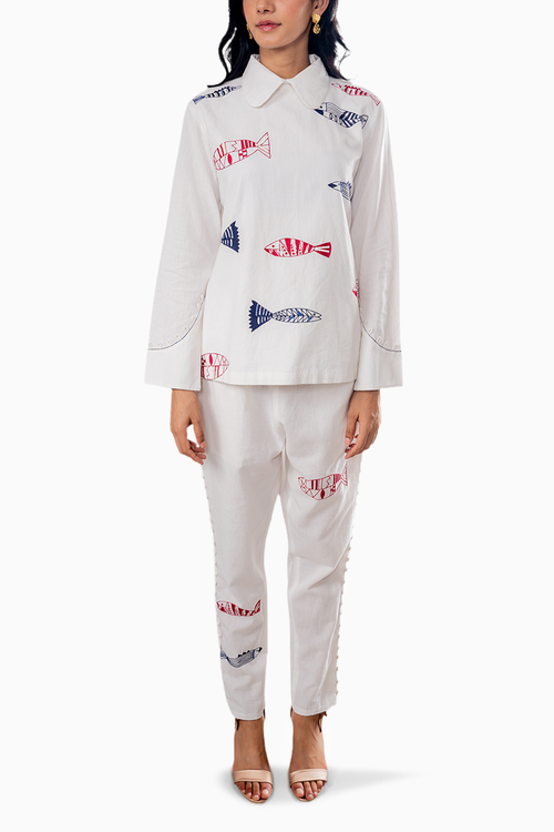 White Fish Embroidered Co-ord Set