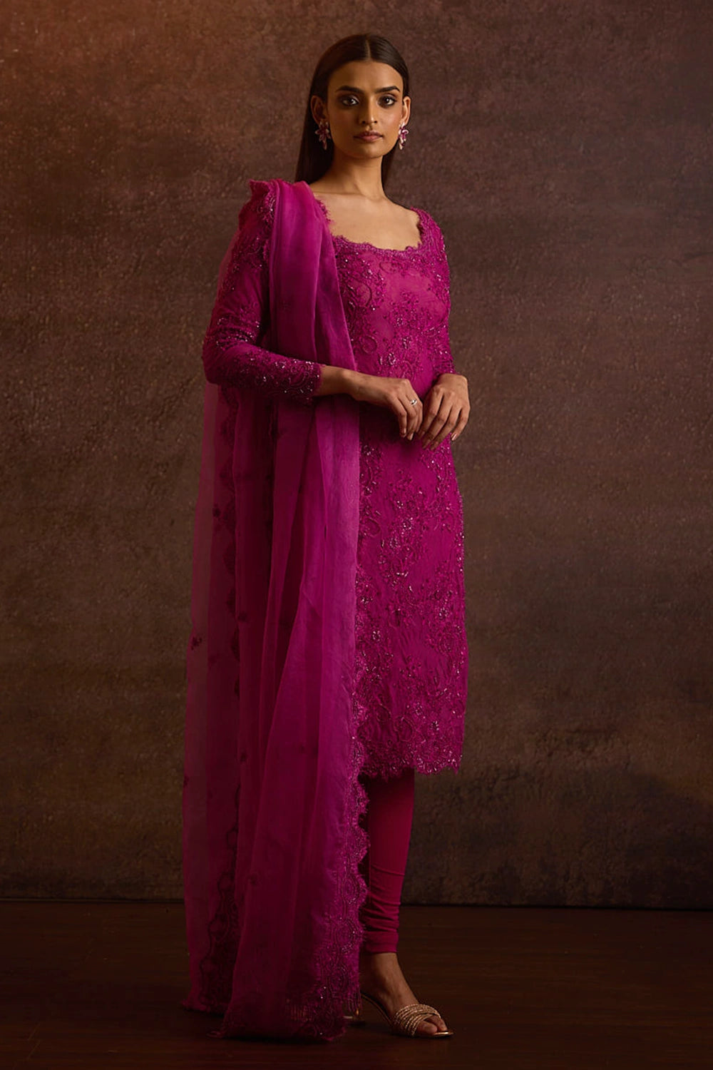 Caksani Magenta Pink Embellished Straight Fit Kurta Set